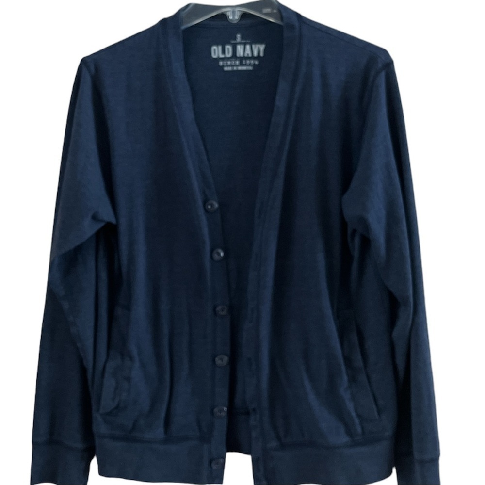 Old Navy jersey knit button down cardigan navy side pockets size small